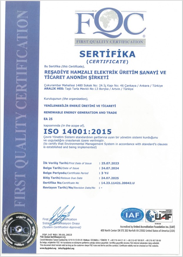 ISO 14001:2015 Çevre Yönetim Sistemi | REŞADIYE HAMZALI ELEKTRIK URETİM SAN. VE TIC. A.Ş. | ARALIK HES
