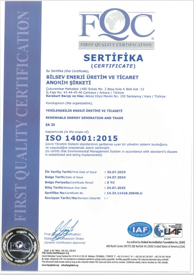 ISO 14001:2015 Çevre Yönetim Sistemi | BİLSEV ENERJİ ÜRETİM VE TİCARET A.Ş.