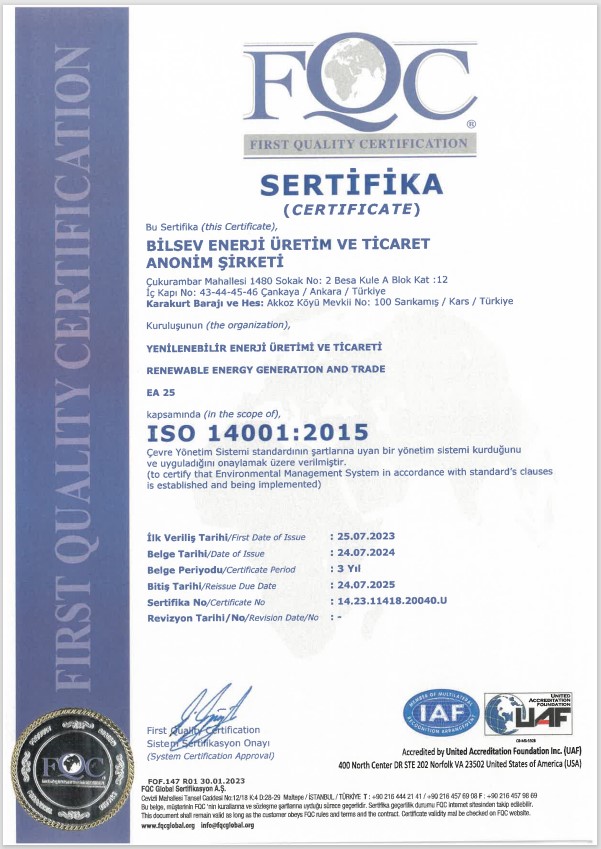 ISO 14001:2015 Çevre Yönetim Sistemi | BİLSEV ENERJİ ÜRETİM VE TİCARET A.Ş.