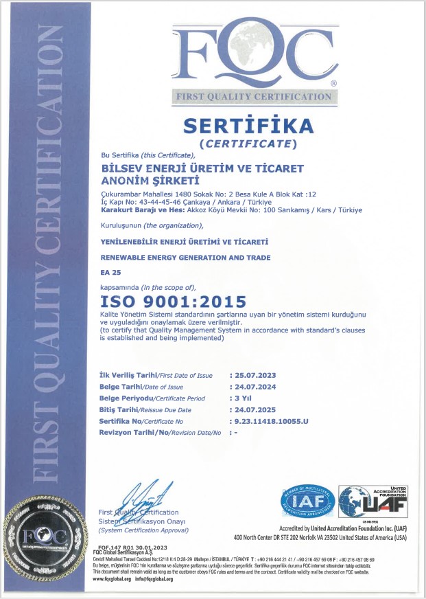 ISO 9001:2015 Kalite Yönetim Sistemi | BİLSEV ENERJİ ÜRETİM VE TİCARET A.Ş.