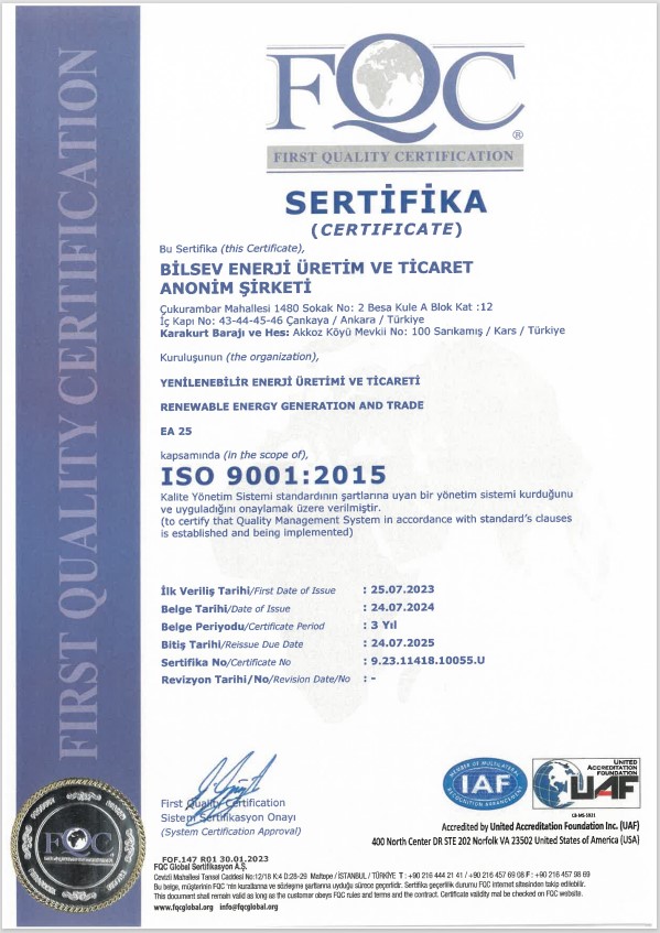 ISO 9001:2015 Kalite Yönetim Sistemi | BİLSEV ENERJİ ÜRETİM VE TİCARET A.Ş.