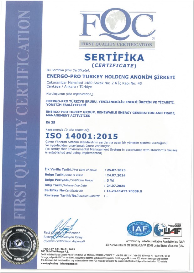 ISO 14001:2015 Çevre Yönetim Sistemi | ENERGO-PRO TURKEY HOLDİNG A.Ş.