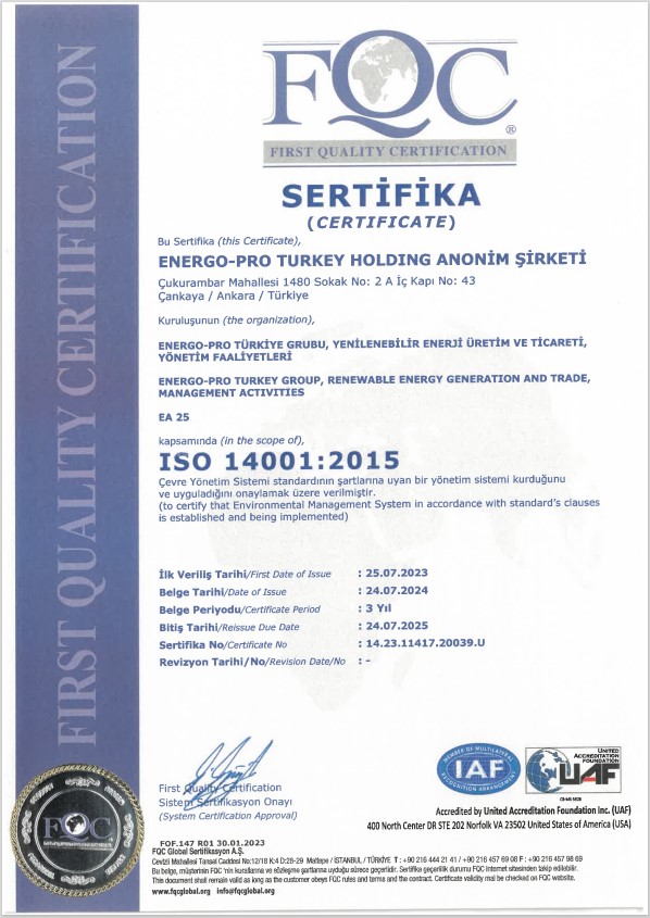 ISO 14001:2015 Çevre Yönetim Sistemi | ENERGO-PRO TURKEY HOLDİNG A.Ş.