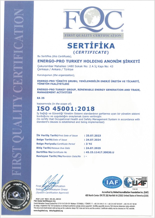ISO 45001:2018 İş Sağlığı ve Güvenliği Yönetim Sistemi | ENERGO-PRO TURKEY HOLDİNG A.Ş.