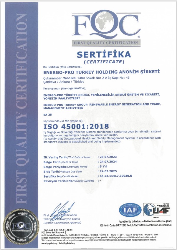 ISO 45001:2018 İş Sağlığı ve Güvenliği Yönetim Sistemi | ENERGO-PRO TURKEY HOLDİNG A.Ş.