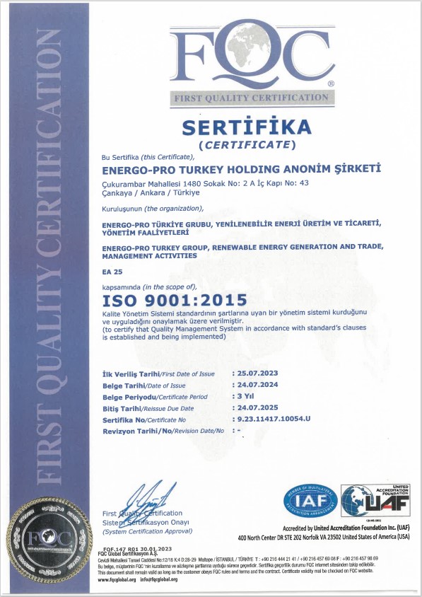 ISO 9001:2015 Kalite Yönetim Sistemi | ENERGO-PRO TURKEY HOLDİNG A.Ş.