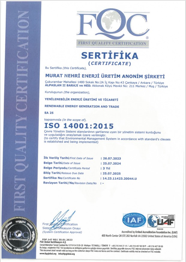 ISO 14001:2015 Çevre Yönetim Sistemi | MURAT NEHRİ ENERJİ ÜRETİM A.Ş.