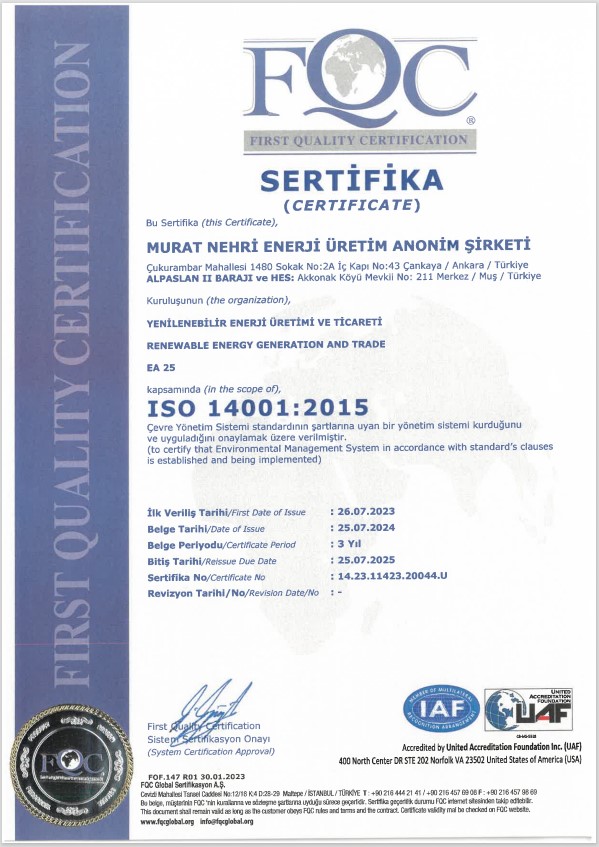 ISO 14001:2015 Çevre Yönetim Sistemi | MURAT NEHRİ ENERJİ ÜRETİM A.Ş.