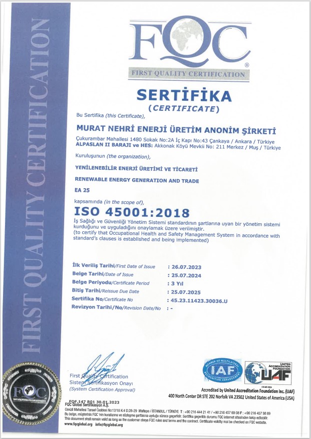 ISO 45001:2018 İş Sağlığı ve Güvenliği Yönetim Sistemi | MURAT NEHRİ ENERJİ ÜRETİM A.Ş.
