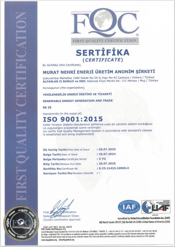 ISO 9001:2015 Kalite Yönetim Sistemi | MURAT NEHRİ ENERJİ ÜRETİM A.Ş.